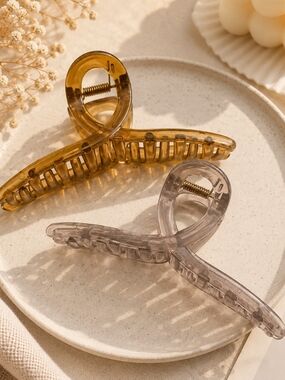 Set of 2 Curved Translucent Acrylic Hair Claw Clips - Amber & Smoky Gray New